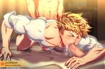  3boys abs anal bara blonde_hair bottomless censored closed_eyes completely_nude cum cum_in_ass cum_in_mouth cum_on_male ejaculating_while_penetrated ejaculation erection fellatio granblue_fantasy large_pectorals lvlv male_focus mosaic_censoring multiple_boys muscular muscular_male naked_shirt nude oral paid_reward_available patreon_username pectorals penis sex sex_from_behind shirt short_hair solo_focus vane_(granblue_fantasy) white_shirt yaoi 