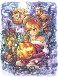  1girl animal bridal_gauntlets broom castle dress drill_hair food frankenstein&#039;s_monster ghost halloween happy_halloween hat jack-o&#039;-lantern lantern mamoru_mikokoro moon original pinecone plant pumpkin sitting smile tombstone twin_drills twintails vines wariza witch witch_hat 