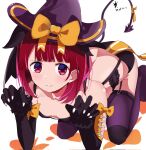  1girl aokaly arima_kana bikini black_gloves bob_cut closed_mouth gloves halloween halloween_costume hat hat_ribbon highres light_smile oshi_no_ko purple_headwear red_eyes red_hair ribbon short_hair socks swimsuit tail white_background witch_hat yellow_ribbon 