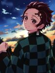  1boy bright_pupils checkered_haori closed_mouth cloud hanafuda_earrings haori highres japanese_clothes kamado_tanjirou kimetsu_no_yaiba looking_at_viewer male_focus r1014-chopper red_eyes red_hair scar scar_on_face scar_on_forehead short_hair sky smile solo star_(sky) sunrise white_pupils 