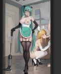  1boy alternate_costume apron aqua_eyes black_footwear black_gloves black_thighhighs breasts commentary commission elbow_gloves english_commentary enmaided fellatio full_body gloves hatsune_miku hetero high_heels highres just_the_tip kagamine_rin large_breasts long_hair maid maid_apron medium_hair nipples nude oral out_of_frame penis reflective_floor small_breasts squatting stiletto_heels thighhighs tile_floor tiles tumtumisu uncensored vacuum_cleaner vocaloid white_gloves white_thighhighs 