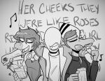  2023 alcohol anon_(snoot_game) anthro artist_name bald beer beer_bottle beer_mug beverage black_and_white bottle clothing container dinosaur dromaeosaurid drunk english_text eyes_closed fingers goodbye_volcano_high group hair head_crest headphones headphones_around_neck hi_res human jacket lyrics male mammal monochrome musical_note naser_(gvh) open_mouth pterodactylus pterosaur reed_(gvh) reptile scalie seven_(artist) shirt short_hair signature singing snoot_game snout substance_intoxication tank_top teeth text theropod tongue topwear trio velociraptor 