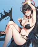  1girl aona_(anagasaki) bare_shoulders bikini black_bikini black_hair black_wings blue_archive blush breasts cleavage collarbone criss-cross_halter feathered_wings flower hair_flower hair_ornament halo halterneck highres large_breasts long_hair looking_at_viewer low_wings navel ponytail red_eyes smile solo swimsuit tsurugi_(blue_archive) tsurugi_(swimsuit)_(blue_archive) wings 