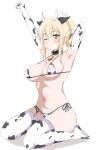  1girl animal_ears animal_print arm_up bell bikini black_collar blonde_hair blush breasts closed_mouth collar cow_ears cow_horns cow_print cowbell elbow_gloves gloves goa1126 highres horns large_breasts love_live! love_live!_nijigasaki_high_school_idol_club micro_bikini miyashita_ai navel neck_bell one_eye_closed orange_eyes print_bikini print_gloves print_thighhighs short_ponytail side-tie_bikini_bottom sidelocks sitting stomach strap_gap stretching swimsuit thighhighs wariza 