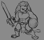  anthro claws dynogreeno felid feline fur hair hi_res lion male mammal mane melee_weapon muscular muscular_male pantherine shield smile solo sword weapon 