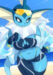  2023 anthro beach big_breasts blue_body blush breasts clothed clothing eeveelution female generation_1_pokemon hi_res looking_at_viewer navel nintendo pokemon pokemon_(species) seaside skykain smile solo vaporeon 