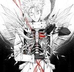  1boy ammunition_belt apple bone closed_eyes closed_mouth coat cowboy_shot earrings fingerless_gloves food fruit gannnmoo gloves greyscale highres holding jewelry long_sleeves male_focus mole mole_under_eye monochrome short_hair single_earring smile solo spiked_hair spot_color standing trigun vash_the_stampede 