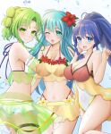  3girls :d ;d aqua_eyes aqua_hair bare_shoulders bikini blue_eyes blue_hair braid breasts circlet cleavage closed_mouth covered_navel cowboy_shot eirika_(fire_emblem) eirika_(summer)_(fire_emblem) fire_emblem fire_emblem:_the_sacred_stones fire_emblem_heroes flower green_eyes green_hair hair_flower hair_ornament highres jewelry l&#039;arachel_(fire_emblem) l&#039;arachel_(summer)_(fire_emblem) large_breasts long_hair medium_breasts mizumura_(midu_mura) multiple_girls navel necklace official_alternate_costume one-piece_swimsuit one_eye_closed open_mouth ponytail red_bikini smile swimsuit tana_(fire_emblem) tana_(summer)_(fire_emblem) water white_bikini yellow_bikini 