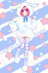  1girl absurdres animal_ears arima_kana blue_background blush bob_cut cinnamoroll closed_mouth full_body highres hood hoodie inverted_bob light_blush oshi_no_ko rabbit_ears red_eyes red_hair shirt short_hair socks solo star_(symbol) white_footwear white_hoodie yurigera_8959 