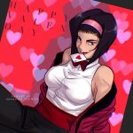  1girl ace_(playing_card) ace_of_hearts artist_name bare_shoulders black_hair bow bowtie card closed_mouth cowboy_bebop english_text faye_valentine hairband happy_valentine heart highres holding holding_card johannathemad lipstick makeup pink_hairband playing_card red_bow red_bowtie red_lips red_sash sash short_hair smile solo valentine 