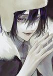  1boy black_hair bungou_stray_dogs coat fingernails fur-trimmed_coat fur_trim fyodor_dostoyevsky_(bungou_stray_dogs) hair_between_eyes highres looking_at_viewer lower_teeth_only male_focus neri_(zooorooo-1115) open_mouth own_hands_together purple_eyes smile solo teeth upper_body 