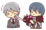  &gt;_&lt; 2boys :3 aqua_necktie black_necktie blue_hair character_request cheek_poking closed_eyes closed_mouth collared_shirt commentary_request creature e.g.o_(project_moon) employee_(lobotomy_corporation) flying_sweatdrops fur-trimmed_jacket fur_trim grey_hair grey_jacket grey_vest hatake_shimeji holding holding_creature jacket lobotomy_corporation long_sleeves multiple_boys necktie no_nose o_o open_clothes open_jacket poking project_moon shirt short_hair simple_background sweat vest white_background white_shirt x3 