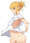  absurdres bags_under_eyes bandaid bandaid_on_pussy blonde_hair blunt_bangs boku_no_hero_academia breasts closed_mouth double_bun dress hair_bun highres messy_hair narrowed_eyes navel sideboob sidelocks simple_background slit_pupils standing toga_himiko tongue tongue_out white_background white_dress yellow_eyes zd_(pixiv6210083) 