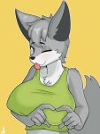  2023 anthro big_breasts breasts canid canine chest_tuft chloe_(iamaneagle) clothing crop_top female fur gesture green_clothing grey_body grey_fur half-length_portrait hand_heart hi_res looking_at_viewer mammal one_eye_closed portrait purple_eyes shirt signature simple_background solo tongue tongue_out topwear tuft whitev wink 