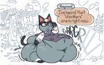  animal_crossing anthro blonde_hair bottomless clothed clothing domestic_cat english_text eyewear felid feline felis fur glasses grey_body grey_fur hair heterochromia huge_belly lagomorph leporid male mammal morbidly_obese morbidly_obese_anthro morbidly_obese_male navel nintendo obese obese_anthro obese_male outside overweight overweight_anthro overweight_male plant rabbit raymond_(animal_crossing) roundedpentagon rumbling_stomach standing text tree 
