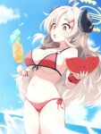  1girl ahoge bare_shoulders beach bikini blonde_hair blue_archive blush breasts cloud collarbone corn cowboy_shot curled_horns day demon_horns double_scoop eating food food_on_face front-tie_bikini_top front-tie_top fruit grilled_corn hair_ornament hairclip halo highres holding holding_food horns ice_cream izumi_(blue_archive) izumi_(swimsuit)_(blue_archive) large_breasts long_hair navel o-ring o-ring_bikini oops open_mouth red_bikini side-tie_bikini_bottom soft_serve solo standing stomach string_bikini swimsuit thighs very_long_hair wading watermelon watermelon_slice yellow_eyes 