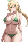  1girl absurdres bare_shoulders bikini blonde_hair braid breasts closed_mouth collarbone commentary curvy elf fairy_(sao) green_bikini green_eyes hair_between_eyes highres jasony large_breasts leafa long_hair looking_at_viewer navel pointy_ears ponytail simple_background skindentation smile standing swimsuit sword_art_online twin_braids underboob very_long_hair white_background wide_hips 