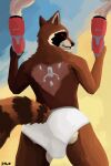  2023 2:3 absurd_res anthro blaster_pistol bottomwear brown_body brown_fur bulge butt clothed clothing digital_media_(artwork) fur guardians_of_the_galaxy hi_res male mammal marvel procyonid raccoon red_eyes rocket_raccoon simple_background smoke solo sylo tail underwear weapon 