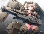  1girl armor bare_shoulders black_gloves black_thighhighs blonde_hair blue_eyes blush breasts cannon caterpillar_tracks doyouwantto elbow_gloves frame_arms_girl gloves gourai headgear mecha_musume open_mouth panties short_hair shoulder_cannon skindentation skirt solo striped striped_panties thick_thighs thighhighs thighs underboob underwear 