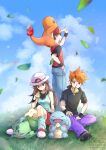  1girl 2boys black_shirt black_wristband blue_oak brown_hair bulbasaur charmander cloud collared_shirt commentary_request day eating falling_leaves food grass green_shirt green_socks hand_in_pocket hat highres holding leaf leaf_(pokemon) long_hair looking_down mouth_hold multiple_boys outdoors pants pokemon pokemon_(creature) pokemon_(game) pokemon_frlg purple_pants red_(pokemon) red_headwear sandwich shirt shoes short_sleeves sidelocks skirt sky sleeveless sleeveless_shirt socks squirtle starter_pokemon_trio white_footwear white_headwear wristband yomogi_(black-elf) 