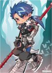  1boy armor artist_name belt black_belt blue_hair closed_mouth cu_chulainn_(fate) cu_chulainn_(fate/prototype) dangle_earrings dated earrings fate/prototype fate_(series) forest frown full_body gauntlets highres holding holding_polearm holding_weapon jewelry long_hair maewenmitzuki male_focus nature outdoors panty_&amp;_stocking_with_garterbelt parody pointy_ears polearm ponytail red_eyes solo style_parody weapon 