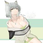  1girl absurdres animal_ears arknights bare_shoulders breasts cat_ears cleavage collarbone commentary_request dress green_dress green_eyes grey_hair highres kal&#039;tsit_(arknights) large_breasts long_sleeves looking_at_viewer off_shoulder oripathy_lesion_(arknights) sarea_(sarea2020) short_dress short_hair sitting solo 
