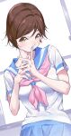  1girl blue_sailor_collar blue_skirt blush brown_hair closed_mouth commentary_request finger_to_mouth hibike!_euphonium highres kitauji_high_school_uniform kuziaaizuk looking_at_viewer morimoto_michiyo nail_polish neckerchief pink_nails pink_neckerchief pleated_skirt sailor_collar school_uniform serafuku shirt short_hair short_sleeves skirt smile solo standing summer_uniform white_shirt window yellow_eyes 