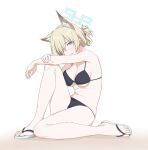 1girl animal_ear_fluff bare_arms bare_legs bare_shoulders bikini black_bikini blonde_hair blue_archive blush breast_press breasts cleavage folded_ponytail full_body grey_eyes hair_over_one_eye halo head_tilt highres kanna_(blue_archive) knee_up looking_at_viewer medium_breasts navel notched_ear ochiaki paid_reward_available sandals short_hair simple_background sitting small_breasts solo string_bikini swimsuit toes white_background 