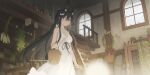  1girl absurdres animal_ears basket bird breasts brown_eyes brown_hair cleavage dress food highres holding indoors ladder large_breasts long_hair original plant potted_plant rabbit_ears rabbit_girl scenery shop solo stairs sundress vegetable white_dress window yao_ren_gui 