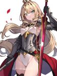  1girl :&lt; absurdres aqua_eyes armor blonde_hair breasts closed_mouth cowboy_shot drill_hair drill_sidelocks epic_seven fal_si0n falling_petals highleg highleg_leotard highres holding holding_polearm holding_sword holding_weapon leotard lidica_(epic_seven) long_hair looking_at_viewer petals plackart polearm rerebrace sidelocks simple_background small_breasts solo sword vambraces weapon white_background 