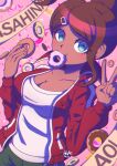  1girl 2023 asahina_aoi breasts brown_hair character_name cleavage collarbone confetti danganronpa:_trigger_happy_havoc danganronpa_(series) dark-skinned_female dark_skin dated doughnut eating food hair_ornament hairclip highres inglebard jacket large_breasts long_sleeves open_clothes open_jacket pink_background red_jacket signature smile solo v 