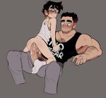 2boys arm_hair armpit_hair armpit_peek ass bara beard_stubble black_hair black_tank_top blush bottomless calaziike chest_hair_peek clothes_pull clothing_aside cropped_legs glasses highres huge_eyebrows imminent_anal imminent_penetration lucas_lee male_focus male_pubic_hair multiple_boys muscular muscular_male pants pants_pull pectorals penis pubic_hair scott_pilgrim_takes_off short_hair sidepec size_difference skinny smile sparse_stubble tank_top uncensored veins veiny_penis wavy_mouth yaoi 
