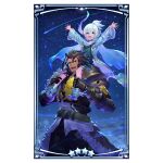  2boys arms_up bara cape carrying dragalia_lost hands_on_another&#039;s_leg looking_at_another looking_up lowen_(dragalia_lost) multiple_boys night night_sky official_art open_mouth piggyback ranzal_(dragalia_lost) shooting_star sky smile star_(sky) star_(symbol) starry_sky takamine_nadare winged_footwear 