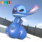  1:1 alien anthro big_butt blender_(software) butt cloud disney experiment_(lilo_and_stitch) fence hi_res lilo_and_stitch male onyxsplash plant poolside sky solo stitch_(lilo_and_stitch) tree watermark wet 
