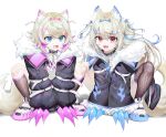  2girls :3 :d absurdres animal_ear_fluff animal_ears belt_collar black_collar black_jacket blonde_hair blue_eyes blue_hair collar cropped_jacket cropped_shirt dog_ears dog_girl dog_tail dress fake_claws fishnet_thighhighs fishnets fur-trimmed_jacket fur_trim fuwawa_abyssgard ghdwid highres hololive hololive_english jacket long_hair looking_at_viewer medium_hair midriff mococo_abyssgard multicolored_hair multiple_girls navel open_mouth pink_eyes pink_hair shirt shoes short_shorts shorts siblings single_fishnet_legwear sisters smile sneakers spiked_collar spikes streaked_hair tail thighhighs twins virtual_youtuber white_dress white_footwear white_shirt white_shorts 