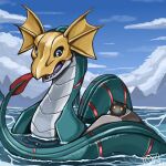  2others absurdres blue_sky botamon day digimon digimon_(creature) fins head_fins highres initial multiple_others no_humans open_mouth outdoors qkranks rock sea_serpent seadramon sharp_teeth sky tail teeth water watermark yellow_eyes 