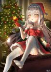  1girl alcohol asobeco bangs blush bottle breasts christmas_tree cup dress drinking_glass fairy_knight_lancelot_(fate) fate/grand_order fate_(series) forked_eyebrows fur-trimmed_dress fur-trimmed_headwear fur_trim gloves hat highres jewelry long_hair looking_at_viewer neck_ring off_shoulder open_mouth red_dress red_gloves red_headwear santa_costume santa_dress santa_hat short_sleeves sidelocks small_breasts solo thighhighs thighs white_hair white_thighhighs wine wine_bottle wine_glass yellow_eyes 