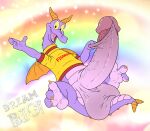  2023 absurd_res alternate_version_at_source anthro balls big_balls big_penis bottomless clothed clothing digital_media_(artwork) disney disney_parks dracovar_valeford dragon epcot figment flying foreskin foreskin_play foreskin_pull genitals happy hi_res horn huge_balls huge_penis humanoid_genitalia hyper hyper_balls hyper_genitalia hyper_penis journey_into_imagination looking_at_viewer male outside partially_clothed paws penis purple_body rainbow raised_arm retracted_foreskin shirt smile solo spread_legs spreading text toony topwear walt_disney_world wings yellow_sclera 