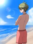  1boy alternate_costume amami_rantaro antenna_hair beach blue_sky cloud cowboy_shot danganronpa_(series) danganronpa_v3:_killing_harmony day from_behind green_eyes green_hair hair_between_eyes highres jewelry looking_to_the_side male_swimwear necklace ocean outdoors pink_male_swimwear short_hair sky solo suiren_yurei topless_male 