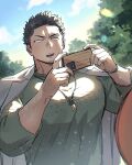  1boy arm_hair bara dark-skinned_female dark_skin goatee_stubble green_shirt hand_up highres holding holding_phone jacket jacket_on_shoulders jewelry large_pectorals light_blush male_focus mature_male muscular muscular_male necklace original pectorals phone pov ryudirection96 shirt short_hair sideburns solo_focus sunlight taking_picture tree upper_body 
