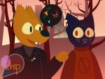  2019 anthro biped black_clothing blue_body blue_ears blue_fur canid canine clothing domestic_cat duo felid feline felis fox fur gregg_lee hi_res mae_borowski mammal night_in_the_woods notched_ear open_mouth orange_body orange_clothing orange_ears orange_fur potato_the_chip red_clothing red_eyes speech_bubble teeth tongue 