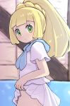  1girl blonde_hair blunt_bangs closed_mouth clothes_lift green_eyes indoors kutabireta_neko lillie_(pokemon) long_hair looking_at_viewer no_panties pleated_skirt pokemon pokemon_(game) pokemon_sm ponytail shirt skirt skirt_lift thighs white_shirt white_skirt 