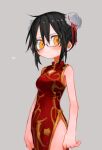  1girl alternate_costume arms_at_sides bare_shoulders black_hair blush bun_cover china_dress chinese_clothes cleavage_cutout closed_mouth clothing_cutout commentary_request cowboy_shot double_bun dress embarrassed furrowed_brow glasses grey_background hair_bun highres kokaki_mumose light_frown mandarin_collar no_panties null-meta pelvic_curtain red_dress semi-rimless_eyewear simple_background sleeveless sleeveless_dress solo souen_chiaki sweatdrop yellow_eyes 