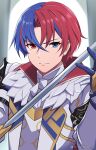  1boy alear_(fire_emblem) alear_(male)_(fire_emblem) ascot blue_eyes blue_hair closed_mouth fire_emblem fire_emblem_engage gloves highres holding holding_weapon long_sleeves looking_at_viewer multicolored_hair namu_(112namu) red_eyes red_hair short_hair solo two-tone_hair weapon white_ascot 