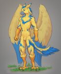  anthro avian beak blue_eyes claws darkeng grass hi_res male plant reaper3d simple_background sketch solo standing wings 