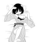  1girl :o bare_shoulders barefoot bed_sheet black_camisole black_eyes black_hair bob_cut breasts camisole cleavage curled_fingers foot_out_of_frame foot_up greyscale hair_over_eyes japanese_clothes kimono lying monochrome narrowed_eyes obi off_shoulder on_bed open_clothes open_kimono open_mouth presenting_foot sash screentones short_hair shoutai_(mtj5n) small_breasts soles solo spaghetti_strap speech_bubble strap_slip sweat sweatdrop toes wide_sleeves yukata 