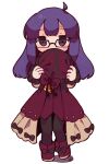  1girl ahoge black_bow black_pants blush boots bow coat commentary_request e.g.o_(project_moon) employee_(lobotomy_corporation) empty_eyes footwear_bow full_body glasses hat holding holding_clothes holding_hat hoshizuki_sakusa lobotomy_corporation long_hair long_sleeves open_clothes open_coat pants project_moon purple_eyes purple_hair red_footwear red_headwear red_vest simple_background solo standing sweat vest white_background 