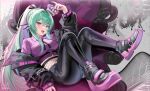  1girl alice_vu arm_up belt black_footwear black_jacket black_pants bow breasts collared_shirt crop_top crown finana_ryugu finana_ryugu_(3rd_costume) fishnets green_hair hair_bow highres holding jacket large_breasts legs legs_up long_hair long_sleeves looking_at_viewer lying midriff nail_polish navel nijisanji nijisanji_en off_shoulder on_back open_clothes open_jacket pants ponytail puffy_sleeves purple_eyes purple_shirt raised_eyebrow reclining shirt shoes solo stomach thighs throne very_long_hair 