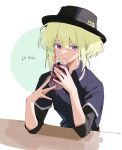  black_headwear black_shirt blonde_hair boater_hat character_name cup drinking_glass elbows_on_table food fruit hat highres holding holding_cup lio_fotia looking_to_the_side official_alternate_costume orange_(fruit) orange_slice otoko_no_ko prmattotia promare purple_eyes shirt short_hair sidelocks soda white_background 