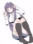  1girl artist_name black_socks blue_shorts breasts clenched_hands closed_mouth feet fern_(sousou_no_frieren) full_body kneehighs large_breasts long_hair long_sleeves lying on_back paw_pose purple_eyes purple_hair relaxjon shirt shorts simple_background socks solo sousou_no_frieren straight_hair thighs white_background white_shirt 